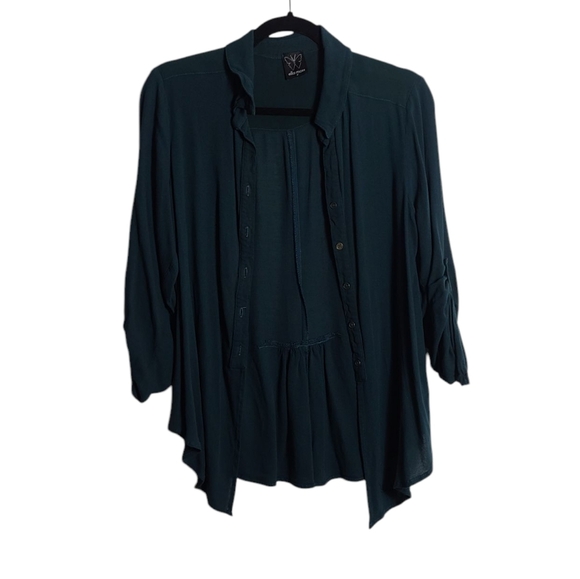 ELLA MOSS Green Button Up Blouse w/ Button Up Sleeves Size Medium - Picture 1 of 13
